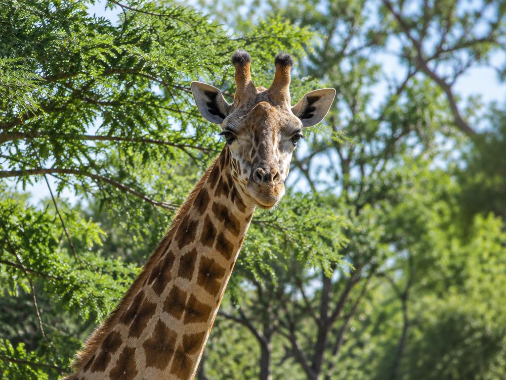 A giraffe among leafy trees